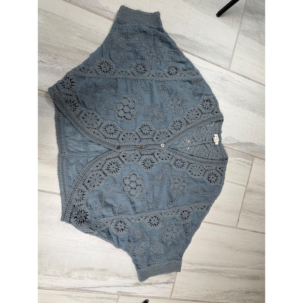 POL Clothing Blue Cotton Gauze Crochet Lace Embroidered Cardigan SMC70 One Size